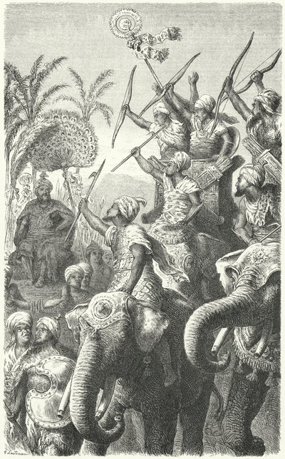 Porus, kongen av Pauravas, gjennomgår krigselefantene sine (gravering) av Heinrich Leutemann