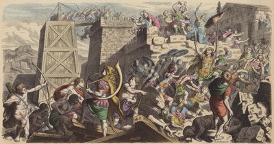 Romerske soldater stormer en by (farget gravering) av Heinrich Leutemann