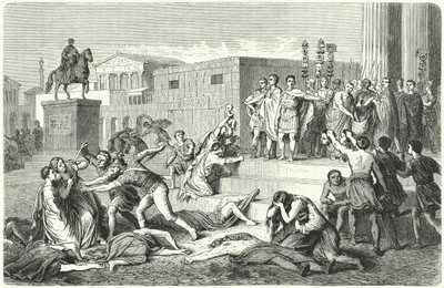 Triumviratet til Mark Antony, Marcus Aemilius Lepidus og Octavian proklamerer proskriptioner mot sine politiske fiender, 43 f.Kr. av Heinrich Leutemann