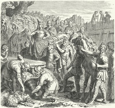 Begravelsen av Alarik I, kongen av vestgotene, i bunnen av elven Busento, 410 (gravering) av Heinrich Leutemann