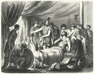 Epaminondas død, 362 f.Kr. (gravering) av Heinrich Leutemann