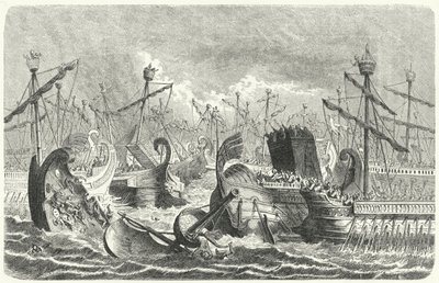 Den romerske flåtens seier over karthagerne i slaget ved Aegatene, 241 f.Kr. (gravering) av Heinrich Leutemann