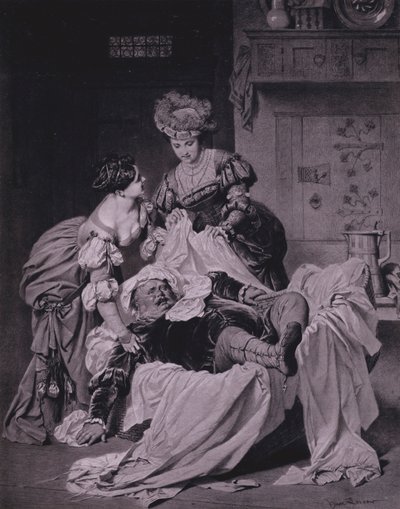 Scene fra Shakespeares The Merry Wives of Windsor (Act III, Scene 3) (litho) av Heinrich Lossow