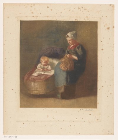 Håndverk kvinne ved siden av et barn en barneseng av Heinrich M. Krabbé (signed by artist)