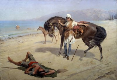 Amazon (Amazon). En amazone oppdager en sovende sjømann på kysten. Maleri av Heinrich Genrich Matveyevich Maniser (1847-1925), olje på lerret. Russisk kunst, 1900-tallet. Regionalt M. Vrubel kunstmuseum, Omsk (Russland) av Heinrich Matvejevich Maniser
