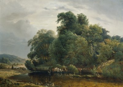 Landskap med storfe og gjeterinne av Heinrich Peyer