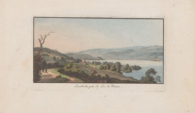 Utsikt over Lüscherz på Bielersee Luschertz, nær Lac de Bienne (tittel på objekt) Landskap i Sveits (serietittel) Samling av noen perspektiver i Sveits (serietittel) av Heinrich Rieter