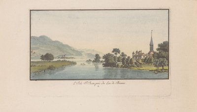 Utsikt over St. Petersinsel ved innsjøen Bielersee L'Isle St. Jean, près du Lac de Bienne (tittel på objekt) Landskap i Sveits (serietittel) Sammlung einiger Aussichten in der Schweiz (serietittel) av Heinrich Rieter