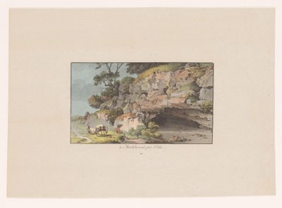 Utsikt over en gjeter med geiter ved siden av en hule ved Montcherand à montcherand, prés d'Orbe (tittel på objekt) Utsikt over Sveits (serietittel) Collection de quelques vues dessinées en Suisse d'après nature (serietittel) av Heinrich Rieter