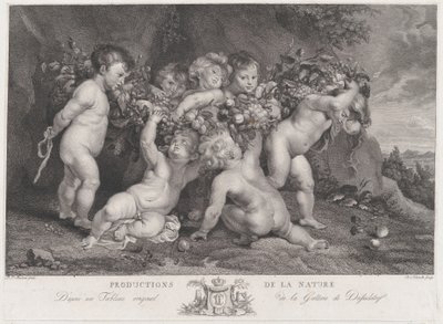 Syv putti som bærer en krans med frukt, ca. 1780-87. av Heinrich Schmitz