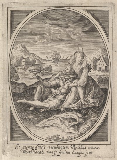 Et par satt på bakken, mannen holder en beger og lener seg tilbake mot..., ca. 1585-1621. av Heinrich Ulrich