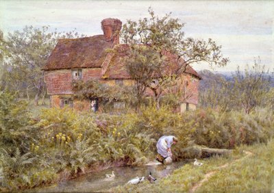 An Old Surrey Cottage (akvarell forsterket med hvitt) av Helen Allingham