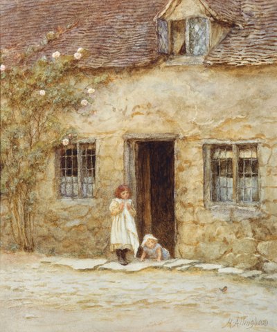 At the Cottage Door (akvarell med utskraping) av Helen Allingham