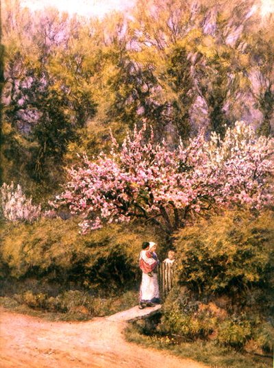 By the Cottage Gate - Blossom Time (akvarell på papir) av Helen Allingham