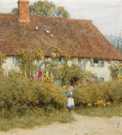 Hytte i West Horsley, Surrey (akvarell med utskraping) av Helen Allingham
