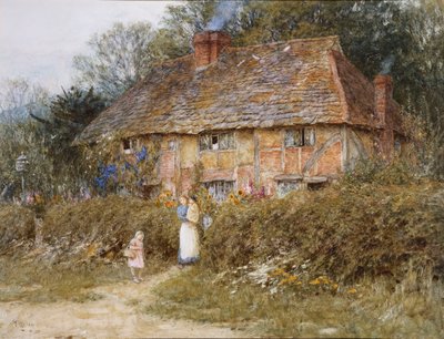 Old Surrey Cottage (akvarell med utskraping) av Helen Allingham