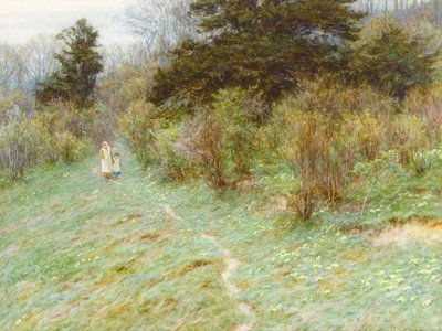 Primroses on a Surrey Heath (wc på papir) av Helen Allingham