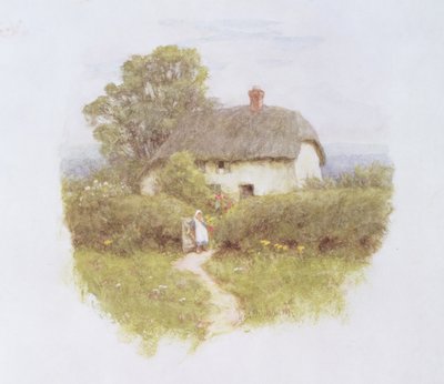 Ung jente ved hytteporten (wc på papir) av Helen Allingham