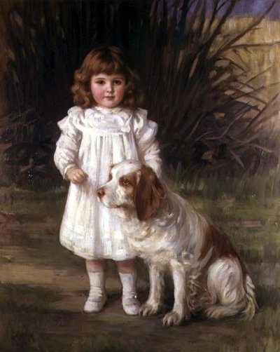 Portrett av en jente i en hvit kjole med en hund av Helen Howard Hatton