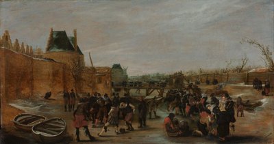 boltrer seg på en frossen kanal i en by av Hendrick Avercamp (copy after)