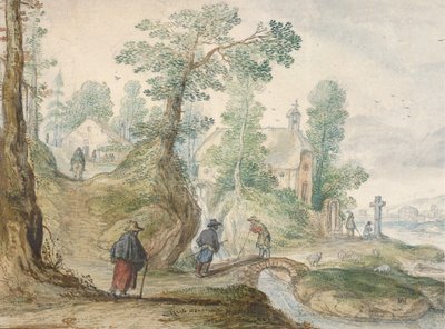 Et skogkledd elvelandskap med en kirke og figurer, ca. 1613. av Hendrick Avercamp