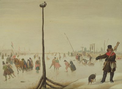 En andejeger og hunden hans i et vinterlandskap (panel) av Hendrick Avercamp
