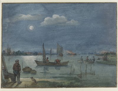 Månebelyst elvelandskap med fiskere av Hendrick Avercamp