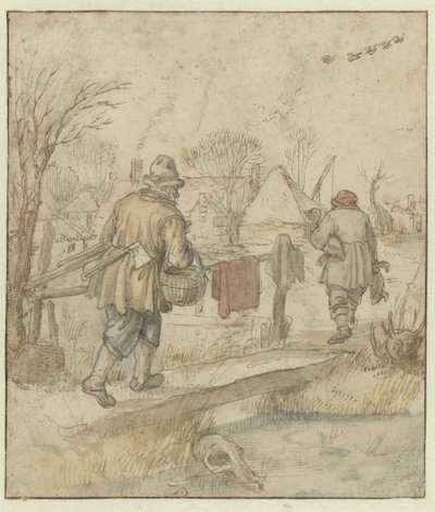 Return of the Duck Hunters / verso: Skisser av skip og av en mann i vinterklær av Hendrick Avercamp