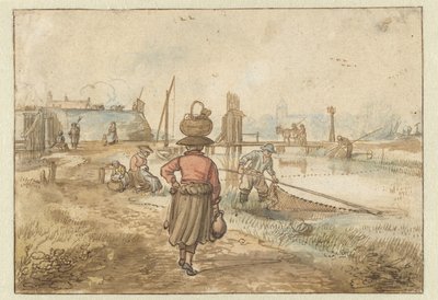 Elvelandskap med en kvinne som bærer en kurv på hodet, fiskere og andre figurer nær murene til en by av Hendrick Avercamp