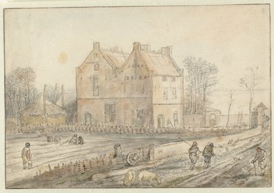 Utsikt over et landsted med såere i marken av Hendrick Avercamp