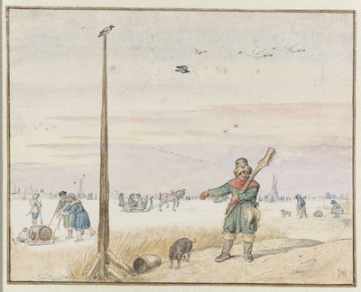 Vinterlandskap med en andejeger med vilt i beltet og pistolen over skulderen på bredden av en frossen elv av Hendrick Avercamp