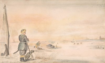 Vinterlandskap med en jeger og hunden hans, n.d.. av Hendrick Avercamp