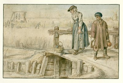 Winter Landscape with a Woman and a Youth on a Small Bridge, Skaters and a Gallows in the Distance   1386797   no       norwegian Successfully Translated  Original: Title Page for "The Military Exercises" Translat: Title Page for "The Military Exercises" 1 av Hendrick Avercamp
