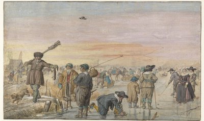 Vinterscene på isen, med en jeger som viser en oter av Hendrick Avercamp