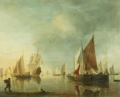Frakt for anker offshore i et stille hav; kveldslys, ca. 1650-60 (olje på panel) av Hendrick Dubbels
