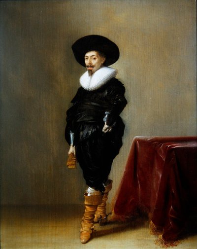 Et portrett av en herre i et svart kostyme med en ruff (olje på panel) av Hendrick Gerritsz Pot