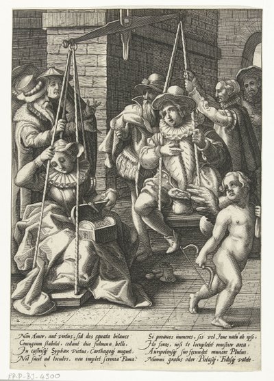 Ekteskapsskalaen Penger er den sanne kjærligheten Bryllupsskalaen Ordspråk etter Karel van Mander (serietittel) av Hendrick Goltzius (attributed to workshop of)