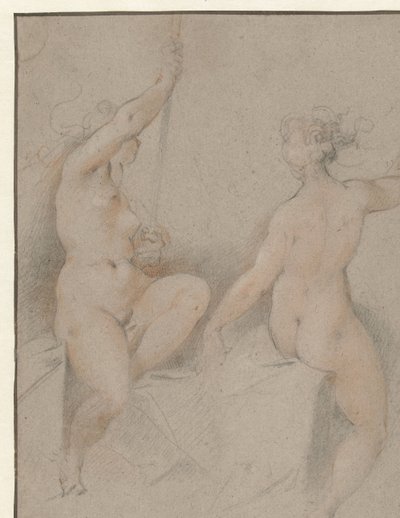 To sittende kvinnelige nakenbilder av Hendrick Goltzius (follower of)