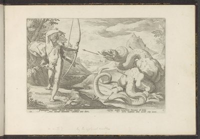 Apollo Slays the Giant Serpent Python Ovid's Metamorphoses (serietittel) P. Ovid's Recreations Naso (serietittel) av Hendrick Goltzius (workshop of)
