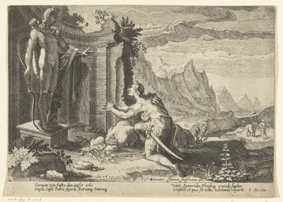 Cadmus spør oraklet i Delphi hva de skal gjøre nå som han ikke har klart å finne søsteren Europa Ovids metamorfoser (serietittel) av Hendrick Goltzius (workshop of)