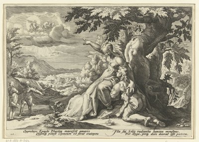 Clymene tildeler Phaethon sin far, solguden Ovids metamorfoser (serietittel) av Hendrick Goltzius (workshop of)