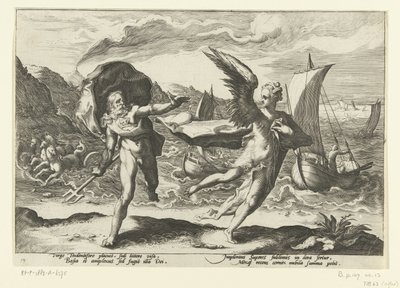 Gesimsen blir til en een kraai Neptune og Coronis Ovids Metamorfosen (serietittel) av Hendrick Goltzius (workshop of)