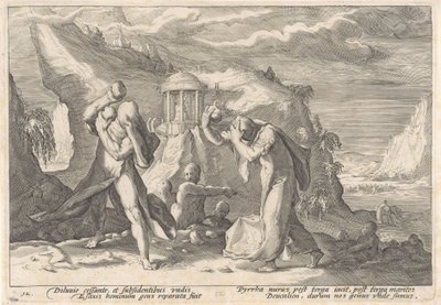 Deucalion og Pyrrha skaper en ny rase av menneskers metamorfoser av Ovid (serietittel) av Hendrick Goltzius (workshop of)
