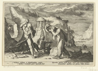 Deucalion og Pyrrha skaper en ny menneskerase Ovids metamorfoser (serietittel) av Hendrick Goltzius (workshop of)