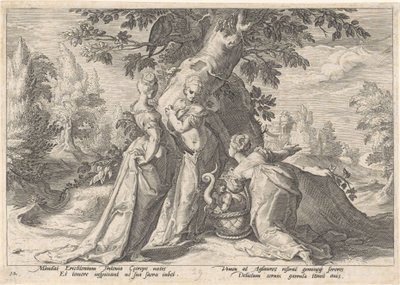 Daughters of Cecrops åpner kurven til Minerva Metamorphoses av Ovid (serietittel) av Hendrick Goltzius (workshop of)