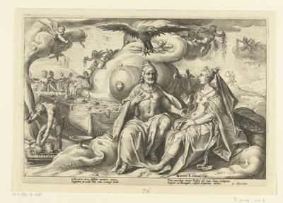 Jupiter og Juno diskuterer hvilket av kjønnene som har større kjærlighetslyst Ovids metamorfoser (serietittel) av Hendrick Goltzius (workshop of)