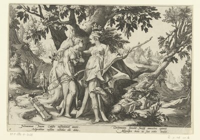 Jupiter forfører Callisto i skikkelse av Diana Ovids metamorfoser (serietittel) av Hendrick Goltzius (workshop of)