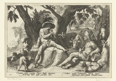 Mercury spiller fløyte for Argus Ovids metamorfoser (serietittel) av Hendrick Goltzius (workshop of)