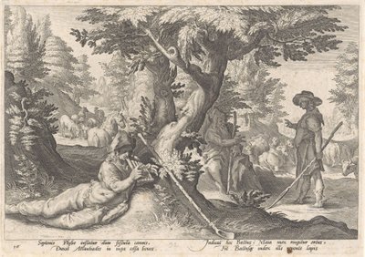 Mercury gjør Battus til en stein Metamorphoses of Ovid (serietittel) av Hendrick Goltzius (workshop of)