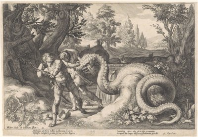 Kadmusens ledsagere fortært av en drage Metamorphoses of Ovid (serietittel) av Hendrick Goltzius (workshop of)